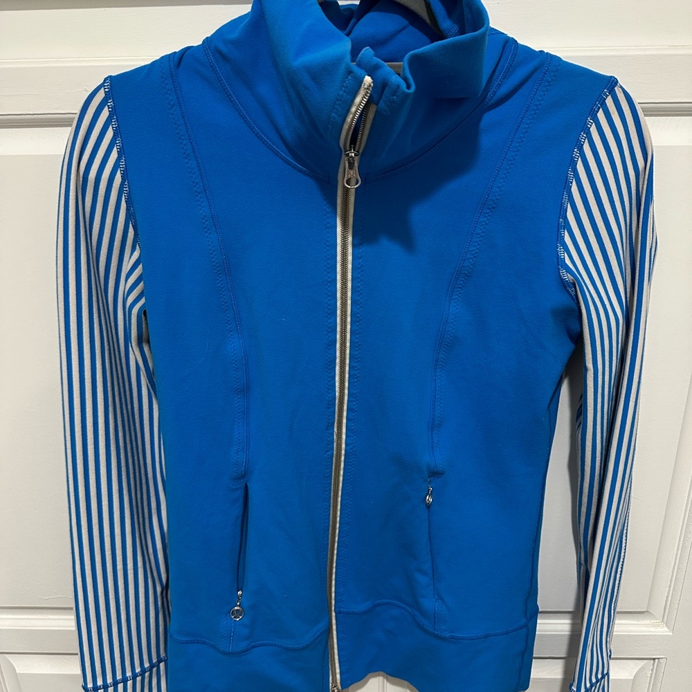 Lululemon Athletica Blue zip up with Striped Sleeves